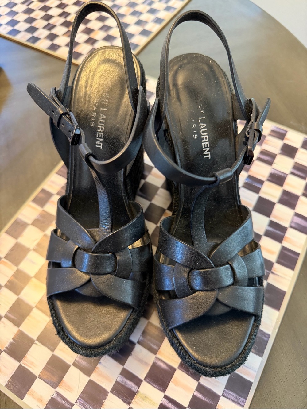Saint Laurent Black Leather Knot-Front Espadrille Wedge Sandals